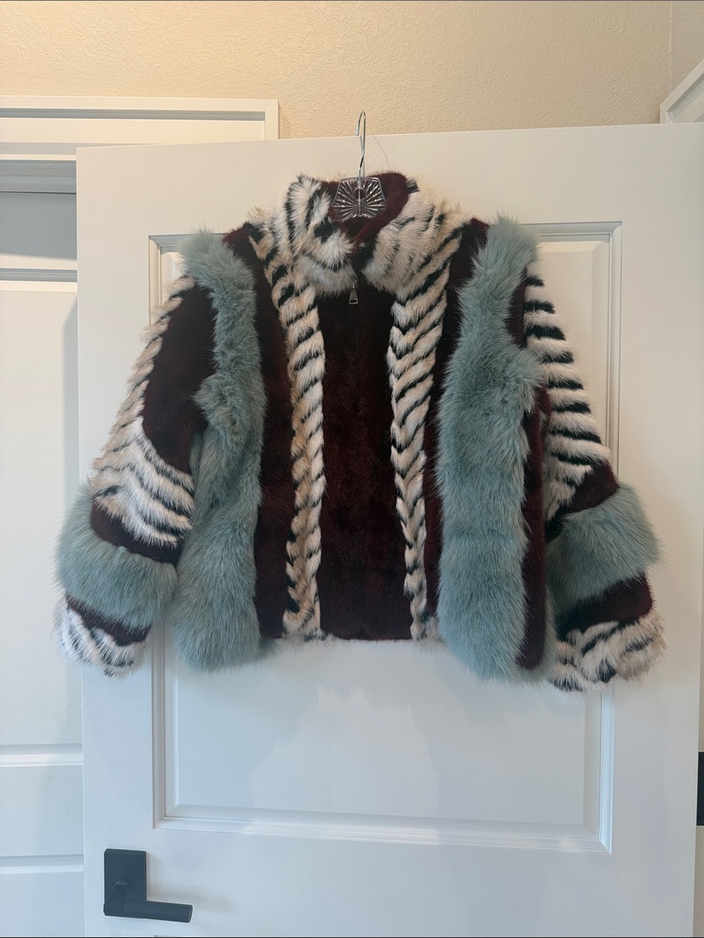AKIRA ‘Have it All’ Paneled Faux Fur Coat in Burgundy, Teal & Cream - NWT Sz S